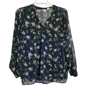 LIZ CLAIBORNE Sz 1X Women's SHEER‎ BLOUSE TOP With Acompaning Tank, Navy Floral